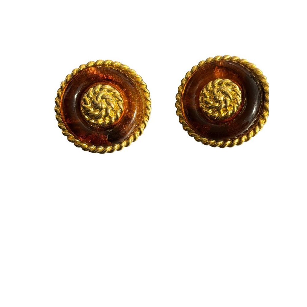 Vintage Gold Tone Amber Colored Acrylic Clip On Earrings Rope Twist 1.5" Estate